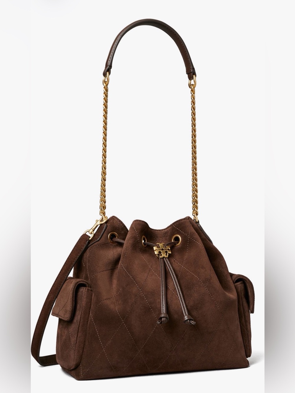 Tory Burch Brown Suede Quilted Drawstring Bag
